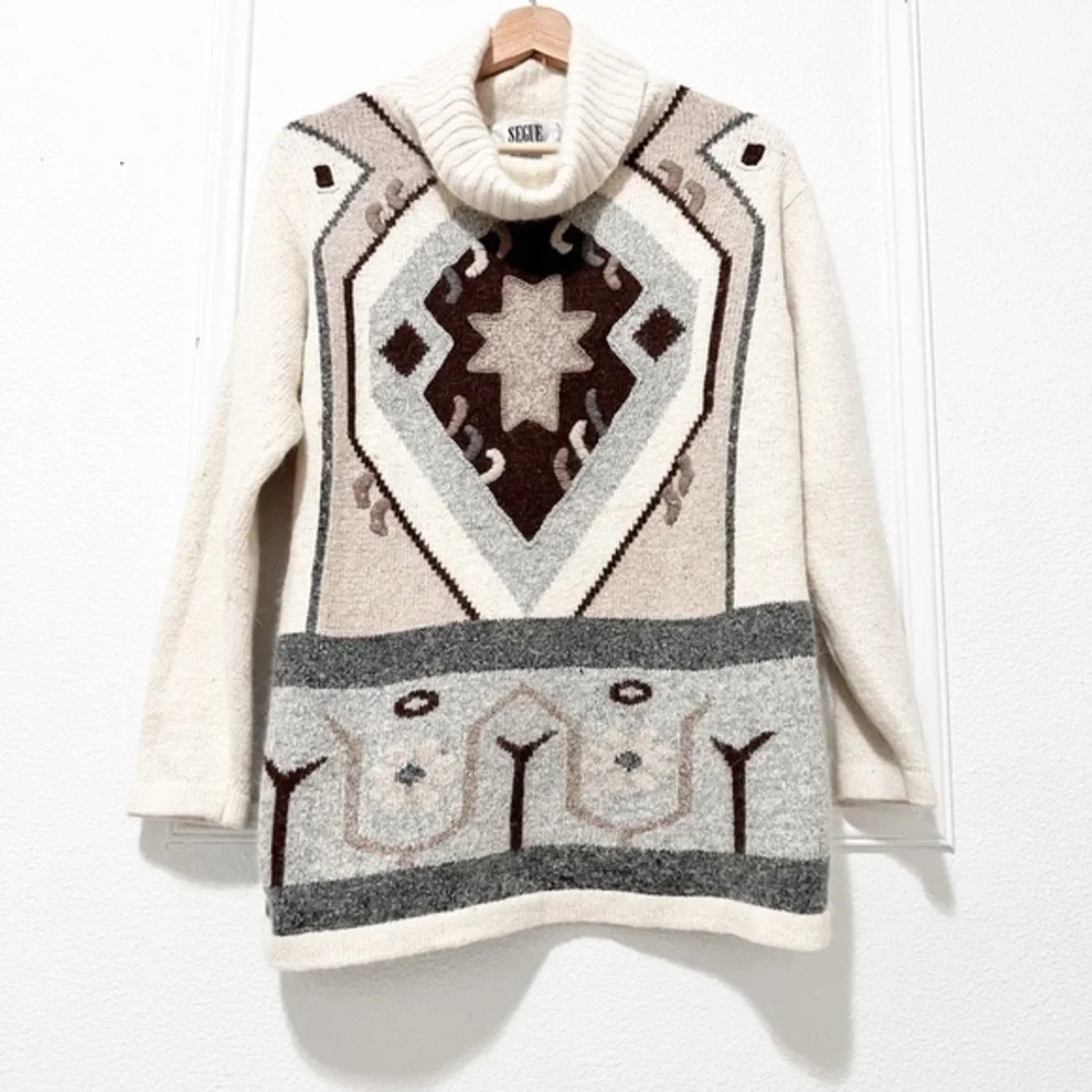 Vintage cowl neck boho tribal print silk angora rabbit hair sweater M